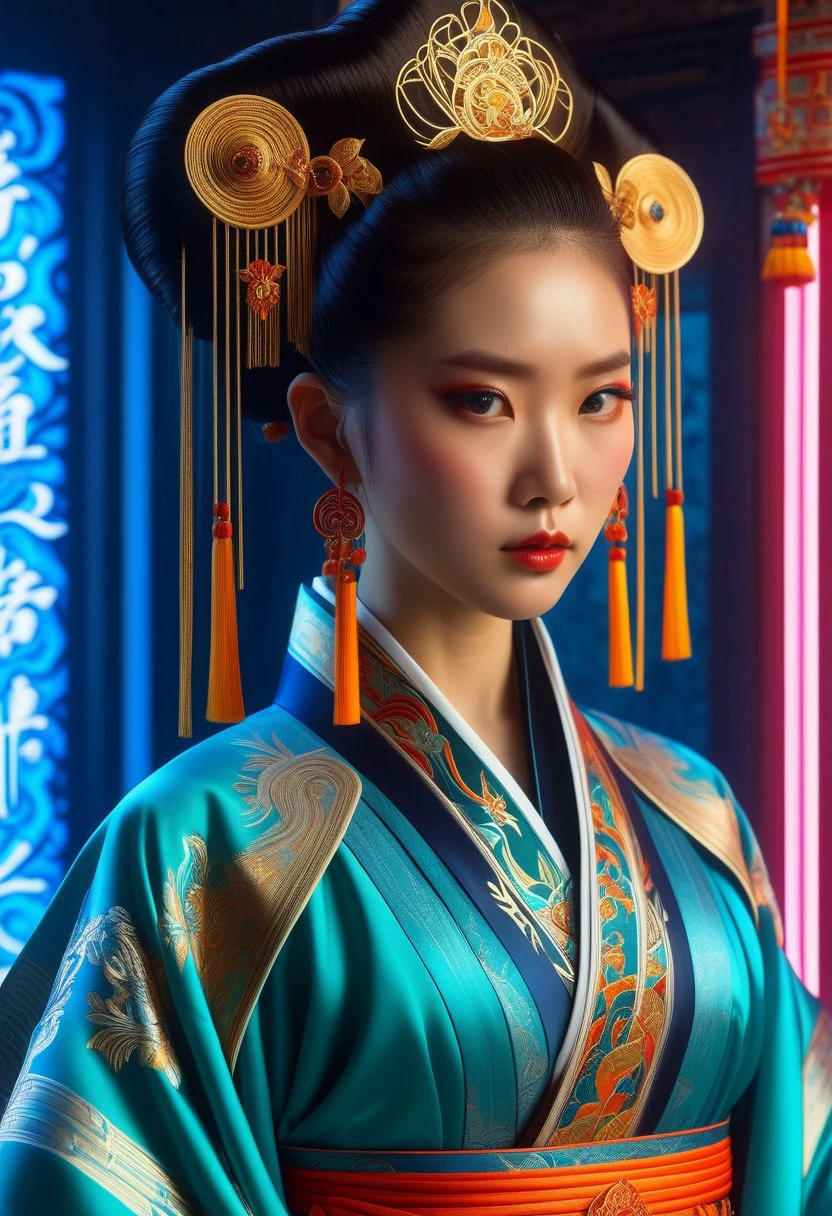 (High quality), (masterpiece), (detailed), 8K, A stunning hyper-realistic portrait of a young woman, her upper body adorned in a fusion of fantasy and futuristic attire. (Intricate silk robes1.2) blend traditional Chinese motifs with modern aesthetics, while (high-tech accessories1.2) hint at a futuristic world. (Complex hairstyle1.2) showcases elaborate braids and ornaments, reflecting a blend of cultures. (Vibrant cityscape1.2) in the background hints at a bustling metropolis, with (neon lights1.2) and towering skyscrapers.