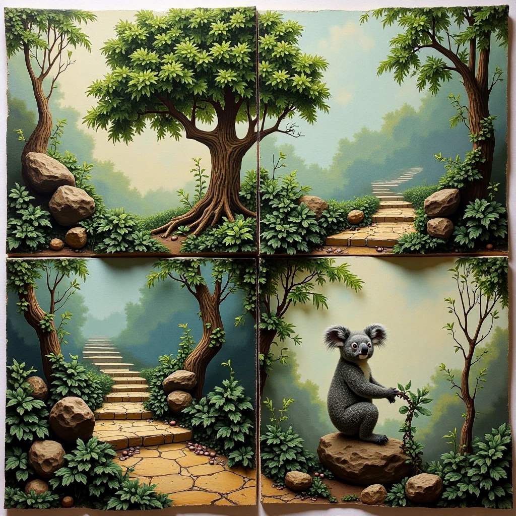 4 paintings.

Folded memories, pages, of thoughts: tree, stairs, ivy, koala, fortune.

qdrltyCE style
