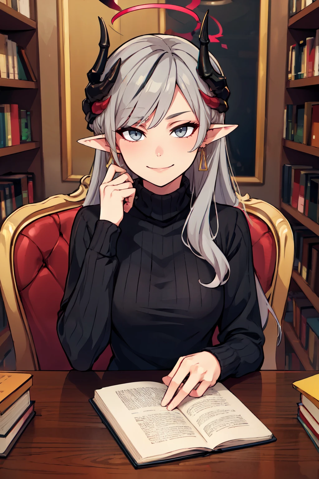 ((masterpiece,best quality)), absurdres,  BREAK, , <lora:Makoto_BlueArchive_Citron:0.8>, , zzMakoto, horns, long hair, grey hair, demon horns, black horns, halo, multiple horns, pointy ears, grey eyes, BREAK, turtleneck sweater, earrings, library, cup of coffee, sitting at table, BREAK, solo, smile, looking at viewer, cowboy shot,