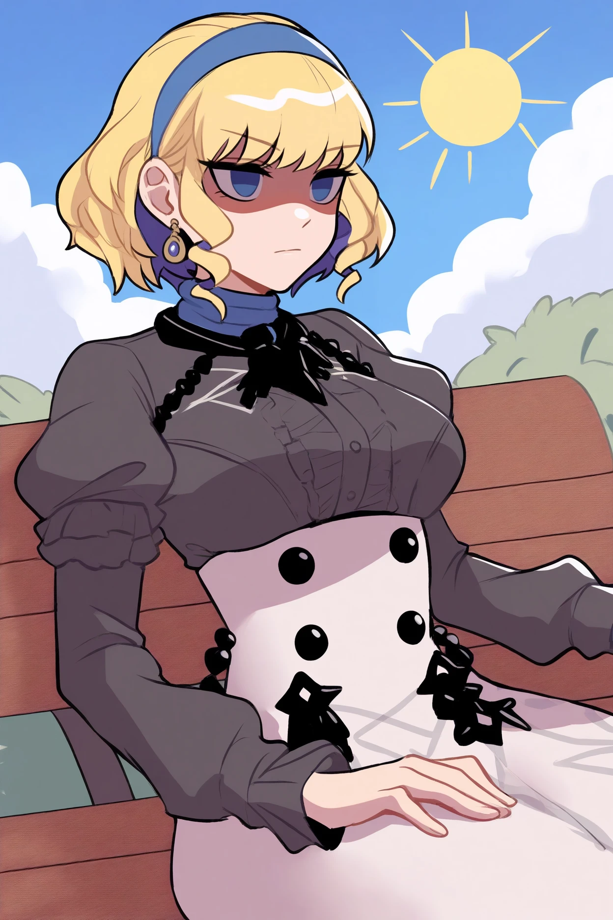 masterpiece, best quality, 1girl, solo,   <lora:feconstance-illu-nvwls-v1-000005:1> dfCon, blonde hair, blue hair, multicolored hair, short hair, blue eyes, blue hairband, earrings, black sleeves, black shirt, puffy sleeves, white skirt, high-waist skirt, medium breasts, expressionless, shaded face, blank eyes, sitting, sun, blue sky, bench, garden