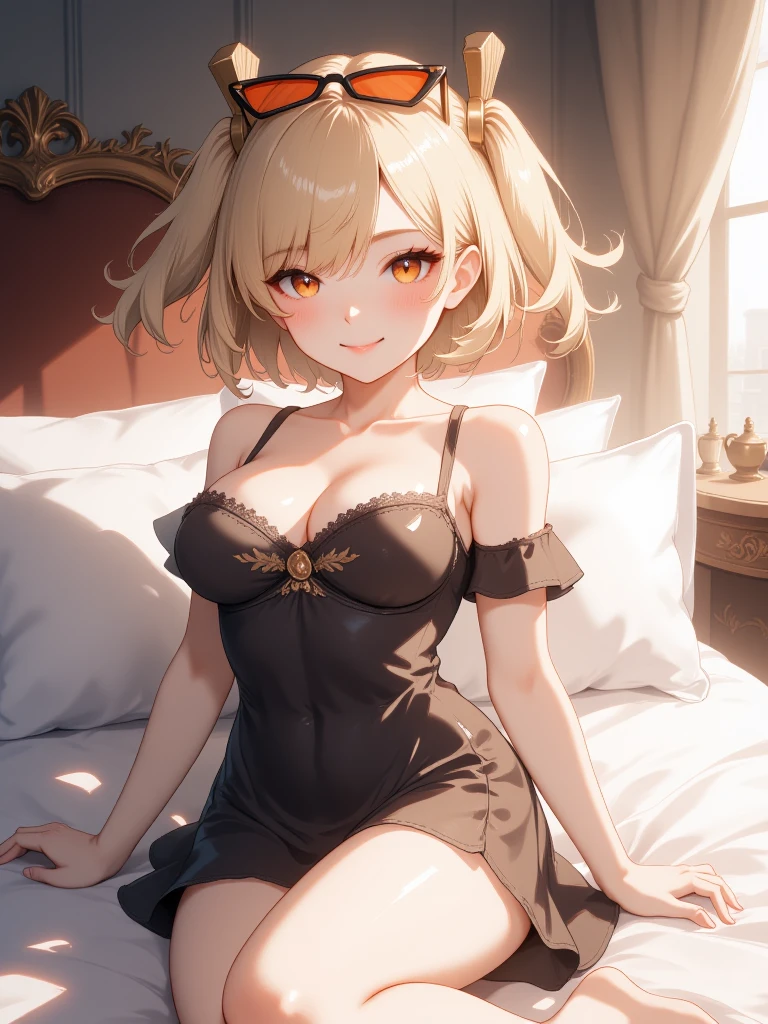 anime,digital anime-style,unity 8k wallpaper,(illustration:1),
 1girl,
tj_burnice,orange eyes,blonde hair,short hair,two side up,hair ornament,eyewear on head,
nail,seductive pose,blush,smile, 
a sexy girl in a luxurious bedroom,wearing a silky black nightgown with lace trim,beautiful detailed eyes,beautiful detailed lips,extremely detailed eyes and face,long eyelashes,lounging provocatively on a plush bed,background with ornate decor and soft,warm lighting,detailed satin sheets,seductive pose with one leg slightly raised,body slightly arched,creating a sense of allure and intimacy,epic lighting,stunning visual impact,close-up shot,from above,capturing her allure and the elegance of the setting,Sexy posture,