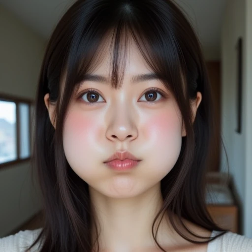 A real life photo of a woman with puffedoutcheeks. The woman is Japanese. She looks at the viewer, and her head is tilted to the side slightly and also slightly looking down. Her cheeks are puffed out, round and full of air. Her puffedupcheeks are especially round and full. Her lips are puckered. She has black hair. Light reflects off of her puffedupcheeks. The indoors is in the background of the woman. The photo is an upper body shot.