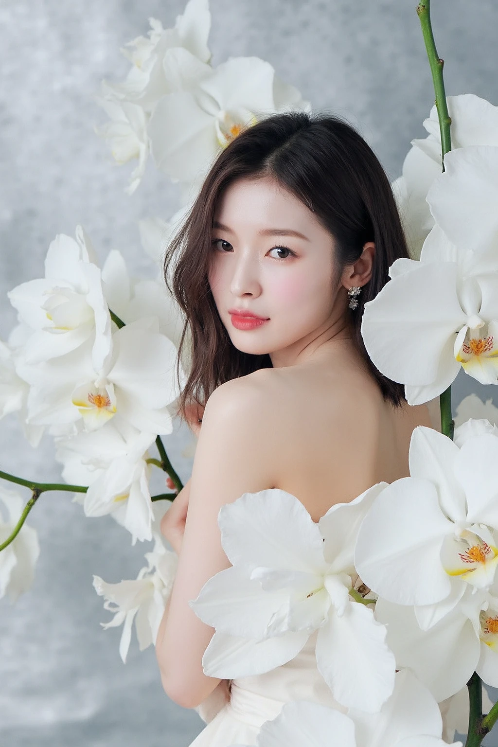 The image showcases a young asian woman. She is positioned against a silvery background, which is filled with large white orchids. The flowers dominate the composition, adding a dramatic and intense contrast to her skin tone and overall appearance.
The woman is dressed in sleeveless dress, which drapes softly over her shoulders, leaving her upper back and one shoulder exposed. Her expression is calm and slightly mysterious, with her gaze directed slightly to the side, away from the camera. The large flowers, some of which overlap with her figure, create a dreamy and surreal atmosphere, as if she is blending into or emerging from the floral background., <lora:flux_realism_lora:1>, ,<lora:makinaflux_arin_v1.0:1>