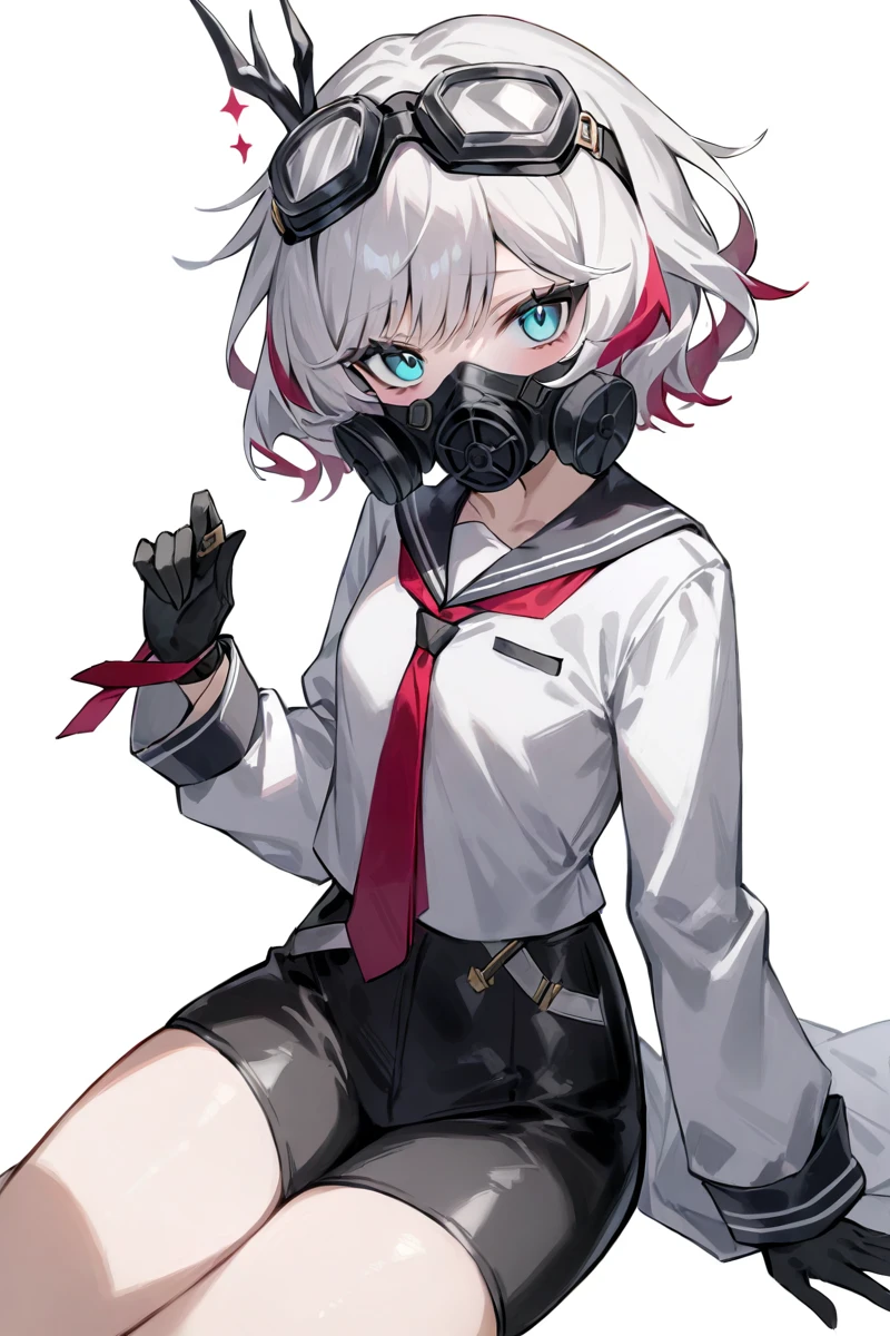 ,sephie,solo,gloves,mask,gas mask,goggles,white background,black gloves,looking at viewer,simple background,goggles on head,black shorts,bangs,1girl,serafuku,<lora:sephie-000012:0.8>, masterpiece, best quality, very aesthetic, absurdres