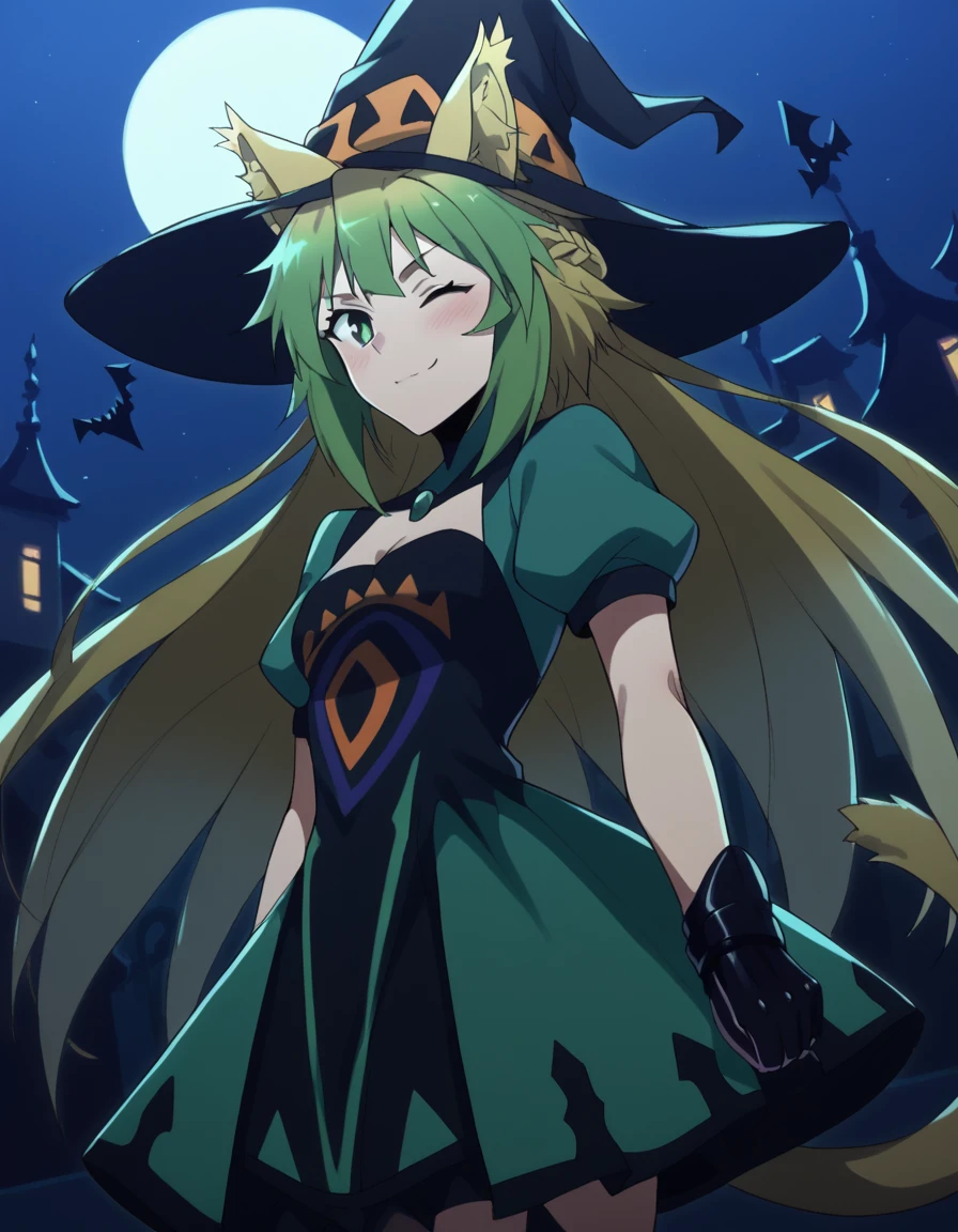 score_9, score_8_up, score_7_up, source_anime, <lora:atalanta-apocrypha-s1-ponyxl-lora-nochekaiser:1>, atalanta, animal ears, blonde hair, cat ears, cat girl, cat tail, green eyes, green hair, hair between eyes, long hair, multicolored hair, tail, medium breasts,, <lora:witch-ponyxl-lora-nochekaiser:1>, witch, hat, witch hat, dress, halloween, halloween costume, jewelry,, night, moon, blush, smile, one eye closed,, , dutch angle, cowboy shot