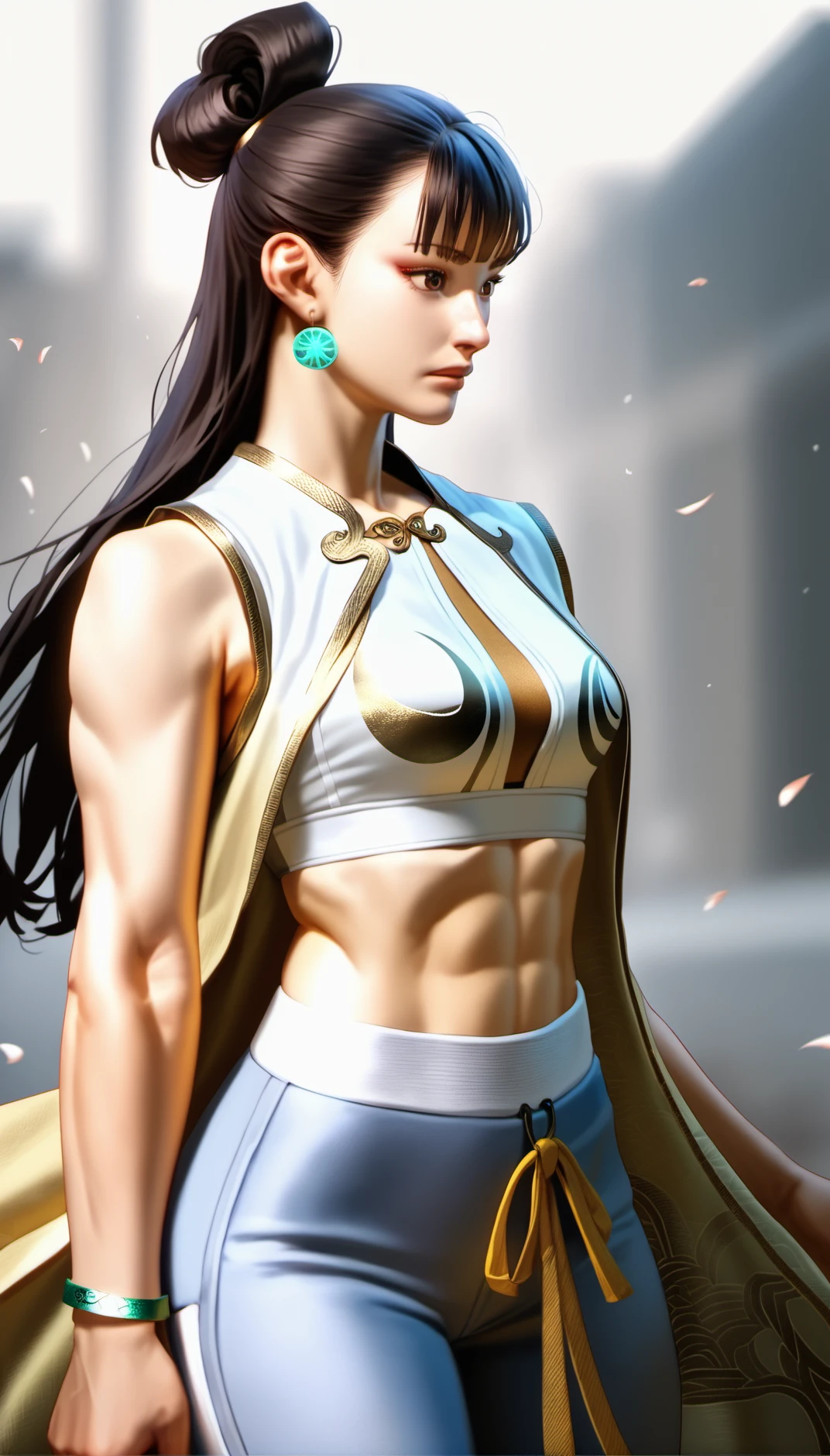 score_9,score_8_up,score_7_up,
<lora:chunli:0.9>,
sf6chunli,
realistic,
1girl, solo, black hair, long hair, hair bun, bangs, hairclip, green earrings, brown eyes, eyes looking to the side, long white sleeveless robe, open clothes, white sports bra, green bracelets with tassels, loose gray pants, cowboy shot,
blurry background,light particles,lens flare,bloom,simple background,falling petals,