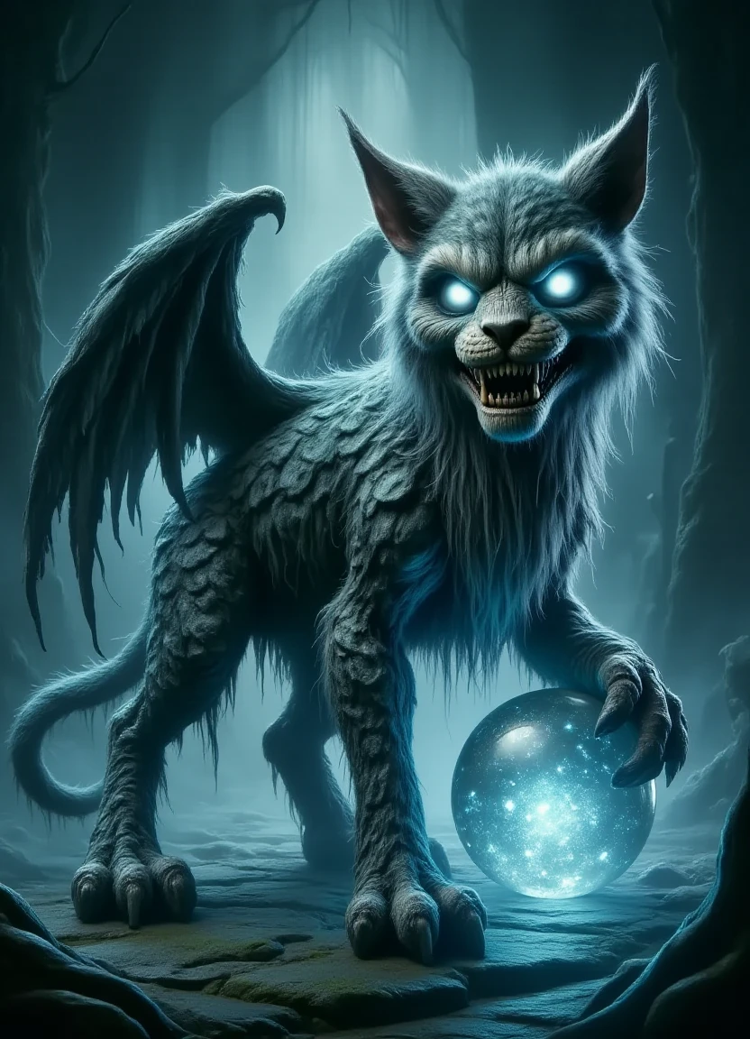 a mystical creature with donmv00d00fx style donM, a large luminous crystalline bohemian sphere for its soul, one leg with decamanual trait, hoofed, and a prehensile tail, covered in icy scales, sporting cat ears, dark wings, split jaw with ripple pattern