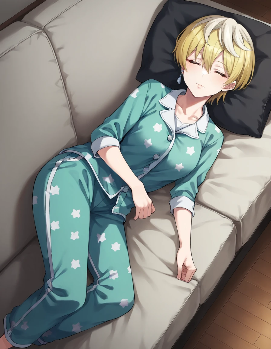 score_9, score_8_up, score_7_up, source_anime, BREAK
1girl, solo, looking at viewer, from above, lying on side, 
tenka izumo, short hair, multicolored hair, white hair, blonde hair, closed eyes, hair between eyes, single earring,
pajamas, on sofa, long pants, 
<lora:tenka_izumo_anime-soralz:1>