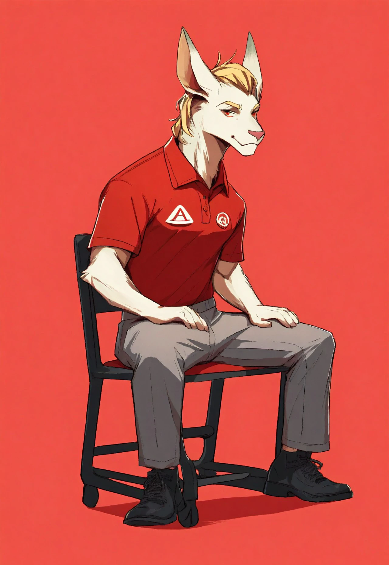 r3dsh1rtd3m0n, A (furry male:1.3) character with (blonde hair:1.2) wearing a (red polo shirt:1.4) and (grey pants:1.3), sitting on a (chair:1.2) against a (vibrant red background:1.3), (full body:1.2) pose, (black footwear:1.2), simple background, showcasing (male focus:1.3) and (casual style:1.2)