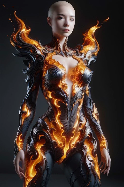 (high quality), (masterpiece), (detailed), 8K, Hyper-realistic portrait of a captivating woman, her upper body adorned in a molten lava-like attire. The fiery liquid metal flows gracefully, accentuating her curves and creating a mesmerizing display of light and shadow. The intense heat radiates from the image, capturing the essence of raw power and beauty.