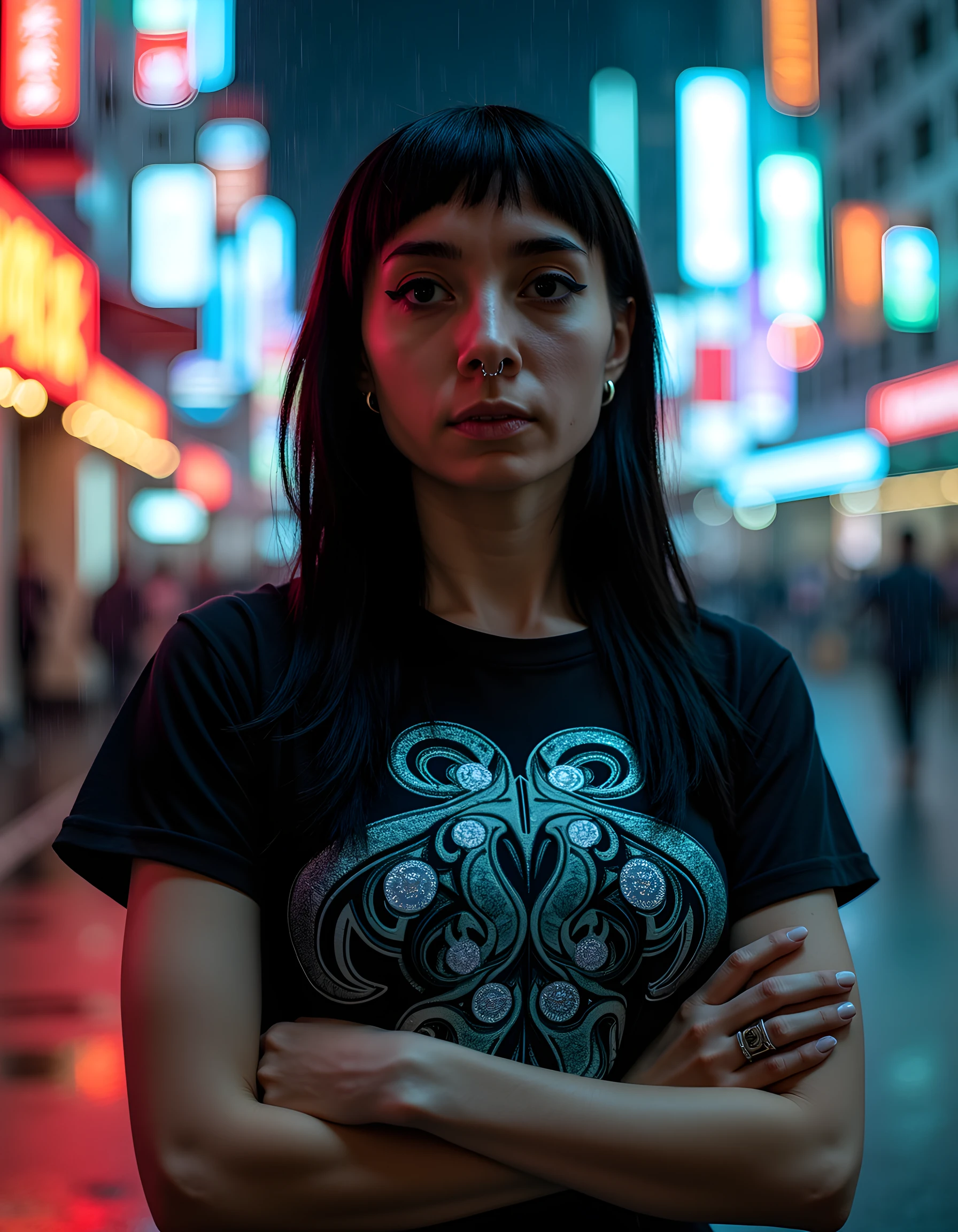 In a gritty, neo-noir setting reminiscent of Blade Runner's rain-soaked cityscape, the camera captures H4R0P0N3S, a woman with inky black hair cascading down her back and piercing black eyes that seem to bore into your soul. She stands alone, bathed in harsh neon light from the buildings behind her, her dark clothing contrasting sharply against the dystopian landscape. Her arms are crossed defiantly over her chest, revealing a shirt with intricate, glowing cybernetic patterns that pulse with an eerie, otherworldly energy. A single, gleaming silver earring adorns one of her piercings, catching the light and casting a kaleidoscope of reflections on her face, while her lips are parted slightly in a hint of a smirk. The emotional tone is one of cool confidence and unwavering resilience amidst the chaos surrounding her.