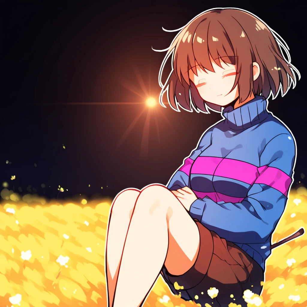 frisk_(undertale), voluptuous, closed eyes, brown hair, brown shorts, short hair, holding stick, dim light, spotlight, brown hair, closed eyes, orange skin, sitting on field, dark background