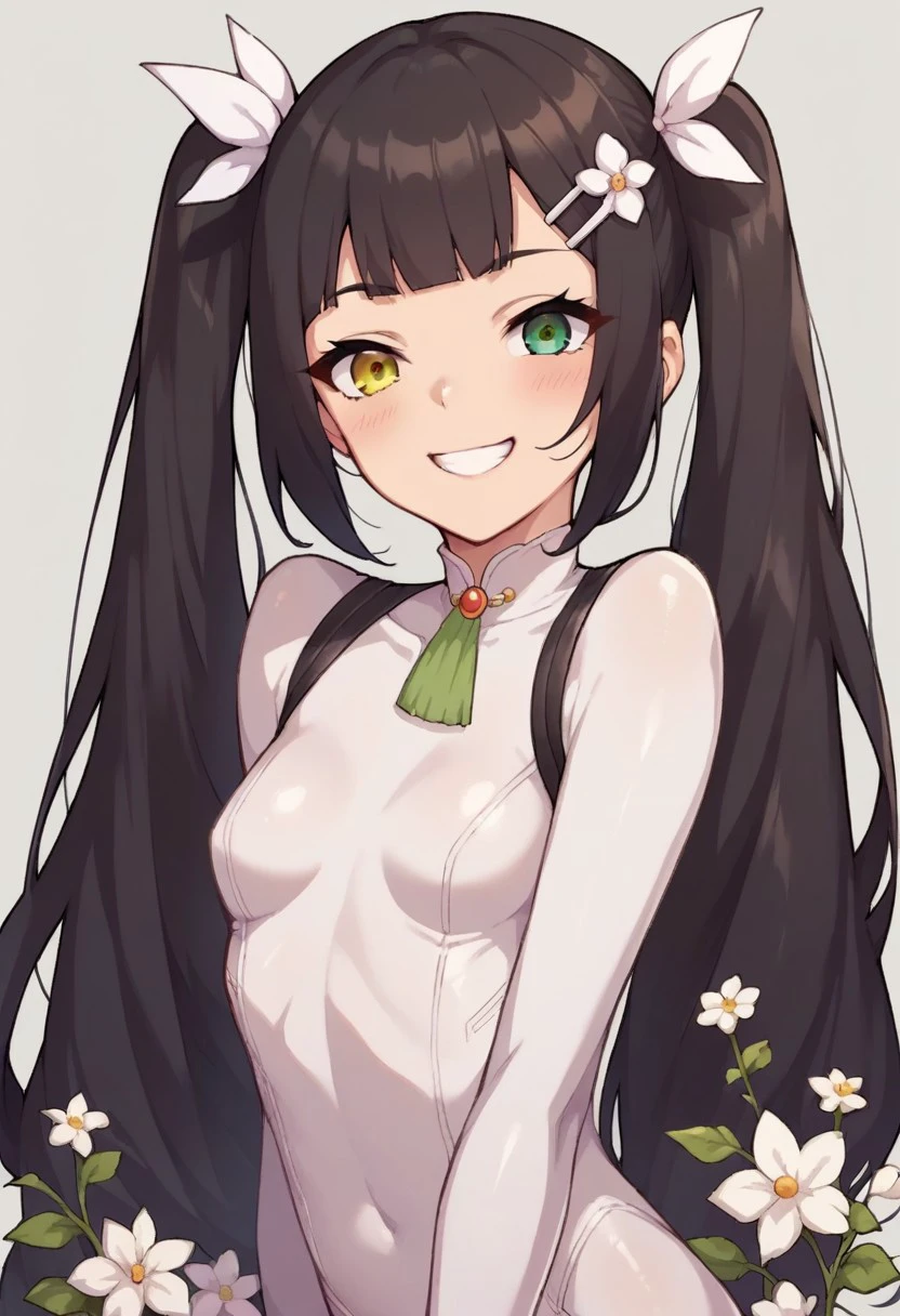 score_7, score_8_up, score_7_up, source_anime, 1girl, solo, looking at viewer, pinup pose, pin-up,
Azuma Komari, (petite:1.2),
very long hair, black hair, twintails, sidelocks, blunt bangs, small breasts, yellow eyes, green eyes, heterochromia,
hair flower, white flower, wing hair ornament, hairclip, hair ribbon,
bodysuit, smile,