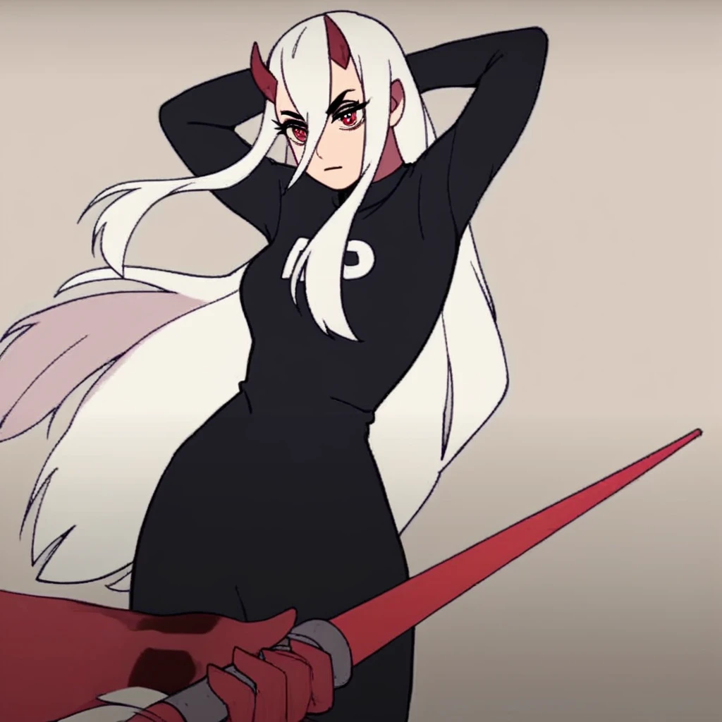 female focus, solo focus, solo, score_9, score_8_up, score_7_up, <lora:Zero2Dance/Dodge:1>  1 girl, demon girl, white hair, long hair, horns,  Zero2Dance, dance, hands behind head,