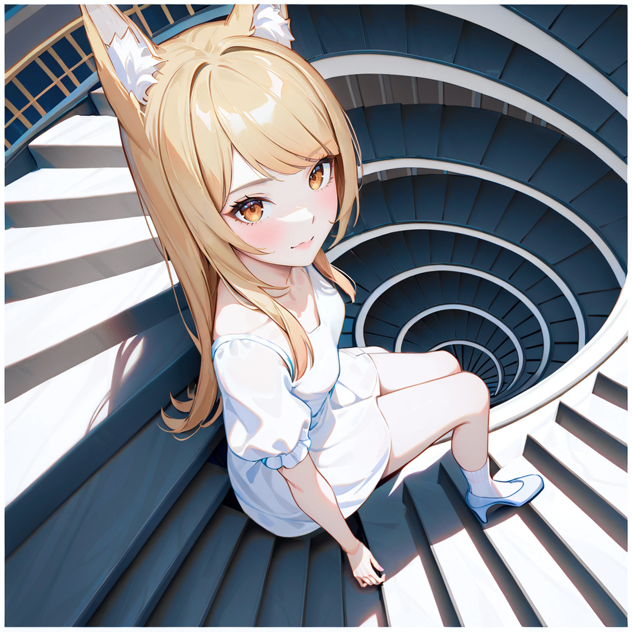 1girl,close-up,solo,(sitting:1.2) on stairs,straight hair, long hair, [ginger:blonde:0.2] hair, brown eyes, hime cut, fox ears, swept bangs, short bangs, white simple sundress,puffy sleeves,skinny, small breasts, white socks,white high heels, 
(from side:1.2)
best quality, very aesthetic, absurdres, outline , border, (perspective:1), 
[realistic,3d::0.1]
<lora:Spiral_staircase:0:0.8:lbw=ALL:stop=10>,(spiral staircase:1.2), <lora:DobunezuMix-Pony:0:0.8:lbw=ALL:stop=20>,<lora:Fixhands_anime_bdsqlsz_V1:1> 
zPDXL2