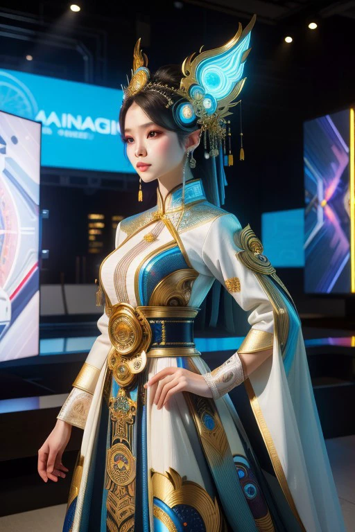 (high quality1.2), (masterpiece1.2), (detailed1.4), 8K, (Hyper-realistic portrait1.2) of (Vietnamese woman1.3) in (futuristic attire1.3). (Intricate1.2) (traditional patterns1.3) adorn (modern1.2) (cyberpunk1.2) (bodice1.2), blending (culture1.2) and (technology1.2). (Sleek1.2) (augmented reality1.2) (headgear1.2) enhances (striking features1.3). (Vibrant cityscape1.2) (reflects1.2) in (enhanced vision1.2).