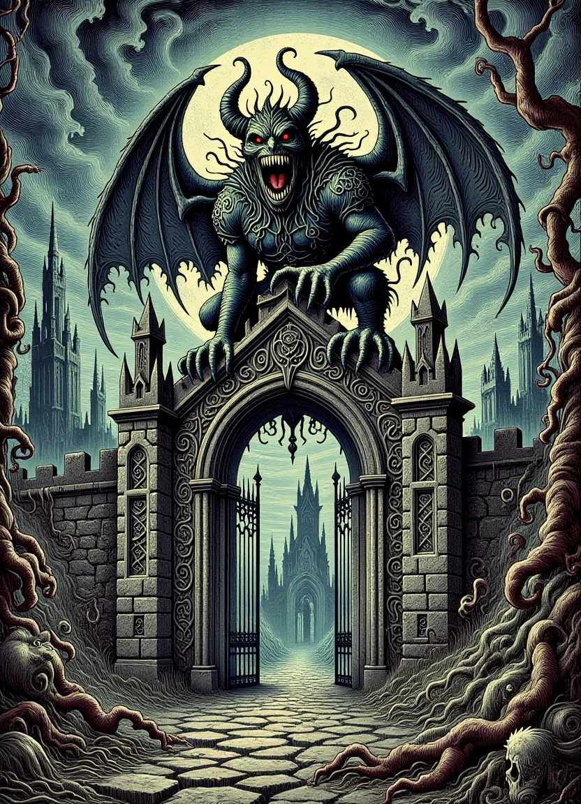 A massive donM5by55pr1n7fx gargoyle with a stone grotesque creature's body, standing atop a ruined castle gate, surrounded by crumbling stone walls and twisted ironwork, its monstrous figure illuminated by the moonlight casting long ominous shadows. The creature's gothic facial features are distorted in an open mouth scream, its fangs and horns reaching towards the sky as if defending against some unseen terror, while its stone guardians stand frozen at its sides, their faces stern and unyielding.