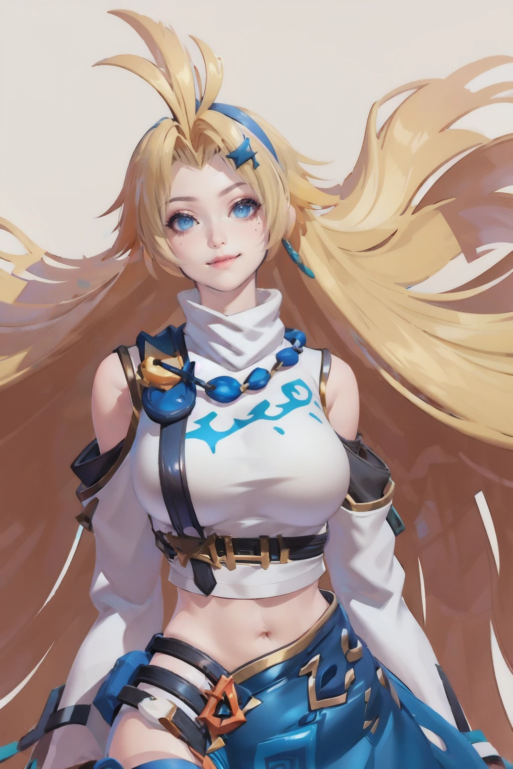 <lora:Dextra_Lovely_Hippie_AoV_Model_LoRA:1>, Dextra_LHP, 1girl, solo, long hair, blonde hair, hair ornament, hairband, earrings, looking at viewer, blue eyes, mole, mole under eye, smile, closed mouth, shoulder cutout, breasts, large breasts, clothing cutout, midriff, navel, skirt, legs, boots, socks, ankle boots, high heels, blue footwear, jewelry
, ((white background)),, best quality, ultra high res, (photorealistic:1.4), masterpiece, real life skin, hyper real