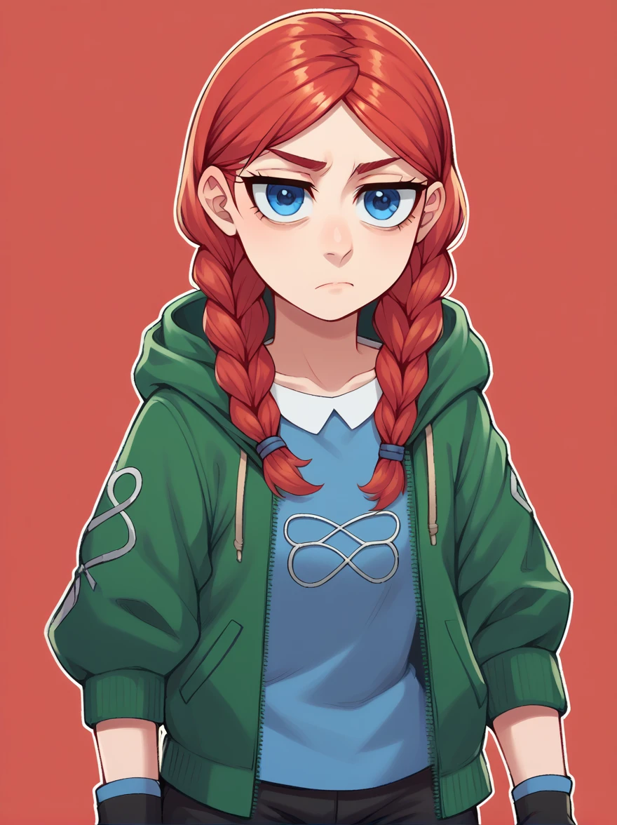 score_9, score_8_up, score_7_up, score_6_up, score_5_up, raichiyo33, 1girl, curvy, highres, red background, solo 1girl, white outline, SofiaO, blue eyes, red hair, braid, twin braids, hoodie, gloves, jacket, open clothes, fingerless gloves, black shorts, upper body, serious, tired,  <lora:djc0mpsXLP:1>, <lora:Sofia-05:1>