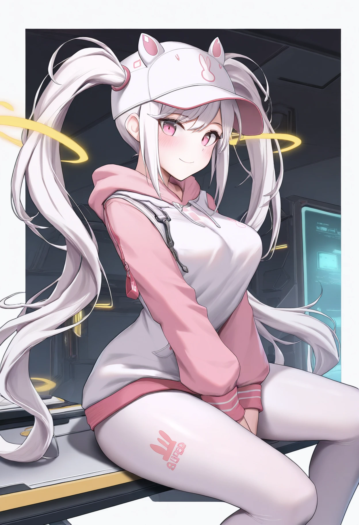 masterpiece, best quality, 1girl, solo, <lora:alice-nikke-richy-v1_ixl:1> alicehdi, pink eyes, white hair, twintails, very long hair, floating hair ornament, white hat, fake animal ears, hair through headwear, medium breasts, white hoodie, pink sleeves, white leggings,
sitting, looking at viewer, smile, closed mouth, blush, indoors, science fiction