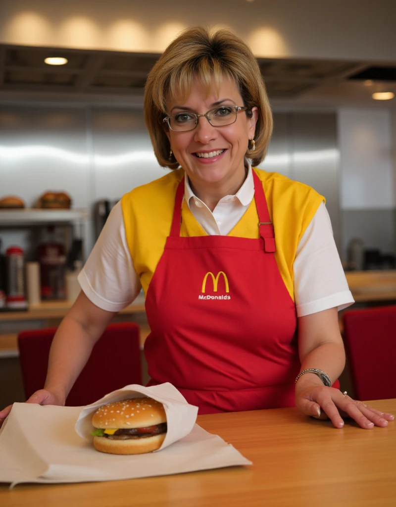 Lady Sonia  is woman with glasses wearing a mcdonalds uniform and works in a mcdonalds and is serving burgers and fries <lora:Lady_Sonia:0.9>