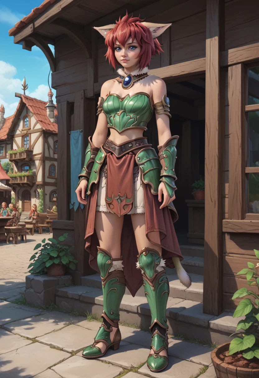 marinbravesoul, 1girl, full body shot, solo, blue eyes, cat ears, cat tail, red hair, green armor, bare shoulder, brown skirt,  fur chocker,   standing, outside, fantasy town, <lora:MarinBraveSoulV2_telr0.0003:1>, score_9, score_8_up, score_7_up,