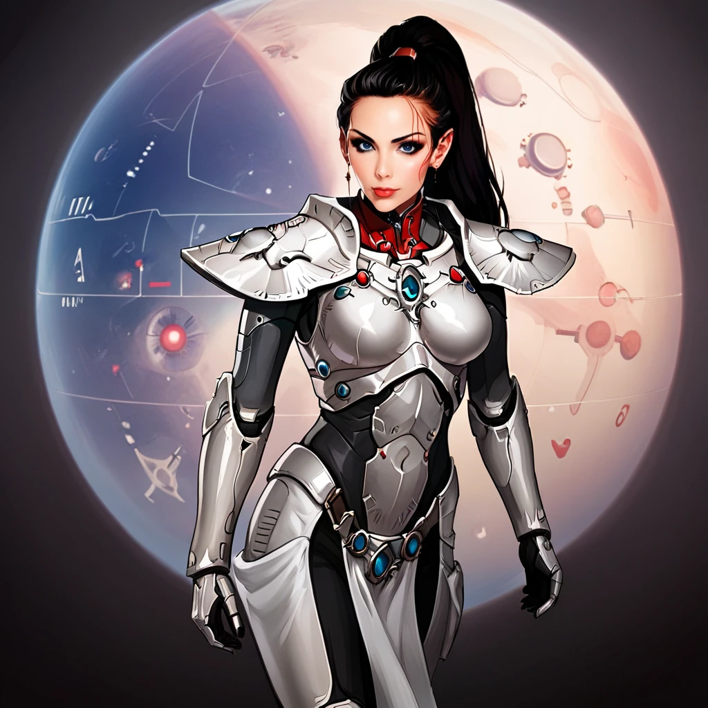 score_9, score_8_up, score_7_up, source_anime, professional photograph of Tara woman, black hair, wearing a white full body armor, slim figure, slender, red jewelry encrusted in armor, rubies, looking at the viewer, in an alien spaceship, white walls, round walls, high ponytail, in space, rating_safe <lora:Tara Yazdi Pony-000008:0.8> , sci fi background,  <lora:cybepunk:0.7> cyberpunk  <lora:RMSDXL_EnhanceDetails:0.25> <lora:xl_more_art-full_v1add-detail:0.25> <lora:Aeldari_warhammer40k:0.85> ELDAR, ARMOR