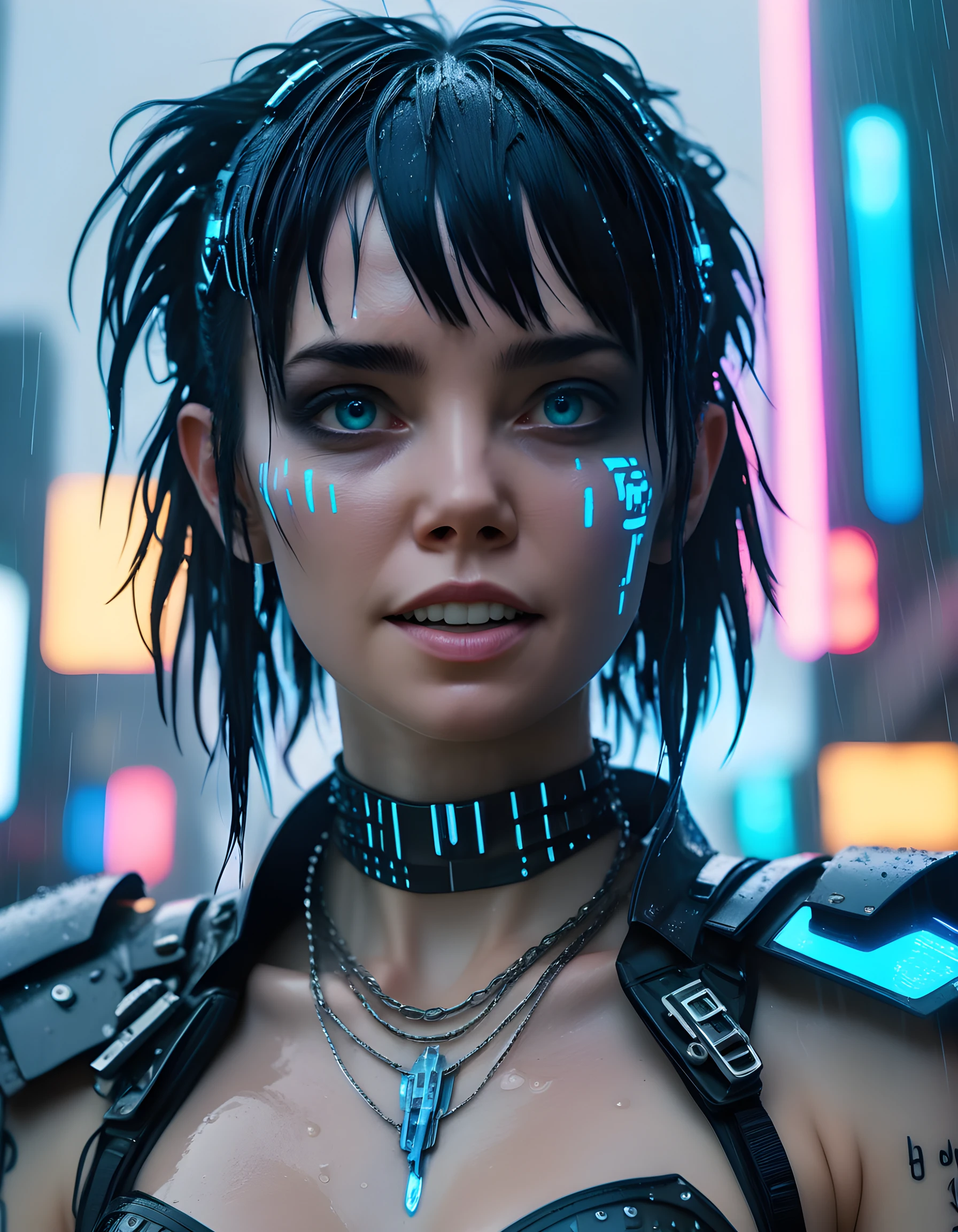 A close-up image of H4RP0N3S, a woman with black hair cascading down her shoulders and adorned in an edgy, cyberpunk outfit, complete with neon blue highlights and intricate silver piercings, takes center stage against the backdrop of a rain-soaked, neon-lit cityscape. Her striking features are accentuated by the low-angle camera perspective, her eyes locked onto the viewer's with a confident, seductive smile that exudes an air of mystery and allure, all while a single drop of water trickles down her cheek, creating a captivating interplay between the gritty cityscape and her ethereal beauty.