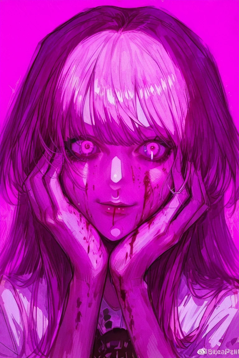 score_9, score_8_up, score_7_up, a purple and pink colored picture of a woman, 1girl, solo, blood, hands on own face, pink background, pink hair, blood on face, hands on own cheeks, pink eyes, looking at viewer, long hair, horror theme, darkness