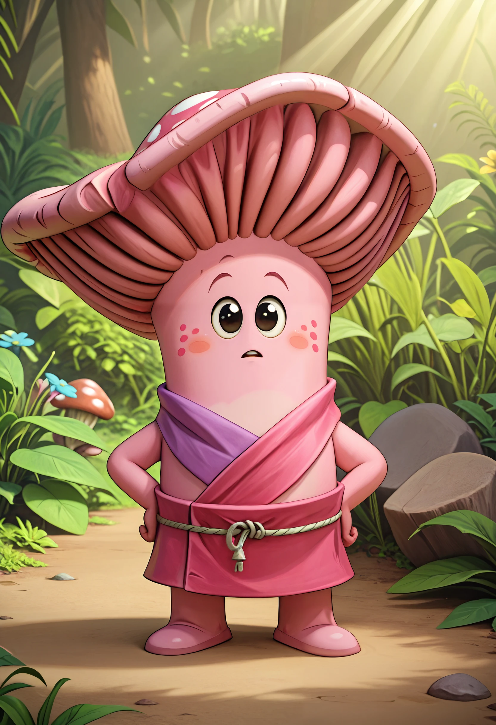 Masterpiece, score_9, score_8_up, score_7_up, mush-mush, ultra detailed, 3D animation style, cute character, anthropomorphic mushroom, pastel pink body, large mushroom cap with vibrant pink gills, rounded, soft body, small black eyes, friendly and shy expression, standing pose, wearing a simple yellow outfit, outdoor setting, bright sunny day, lush greenery in the background, rocks and plants surrounding, whimsical and playful atmosphere, smooth textures, cartoonish proportions, gentle shadows, soft lighting, vibrant colors, fantasy-inspired design, charming and innocent character, peaceful nature setting, relaxed and calm mood <lora:Mush-Mush_and_the_Mushables_-_Style__Pony_V6>