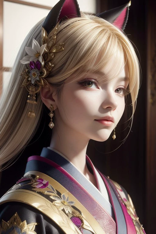 (High quality), (masterpiece), (detailed), 8K, Hyper-realistic portrait of a young woman, her (bakeneko attire1.2) a stunning display of intricate (kimono fabric1.2) and (delicate accessories1.2). (Intricate patterns1.2) adorn the silk, showcasing (traditional Japanese motifs1.2). Her (expressive eyes1.3) captivate, framed by (elegant makeup1.2) and (ornate hairpiece1.2). (Soft lighting1.2) enhances the (textural details1.2) of the fabric and accessories, creating a (sensory experience1.2).