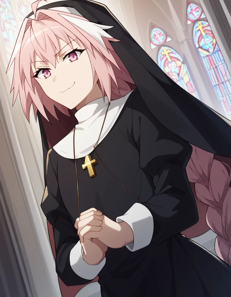 score_9, score_8_up, score_7_up, source_anime, <lora:astolfo-apocrypha-s1-ponyxl-lora-nochekaiser:1>, astolfo, long hair, pink eyes, hair ribbon, pink hair, braid, ahoge, white hair, male focus, multicolored hair, streaked hair, single braid, otoko no ko, long braid,, <lora:traditional-nun-ponyxl-lora-nochekaiser:1>, traditional nun, nun, habit, long sleeves, dress, black dress, jewelry, black veil, cross, cross necklace,, church, smug, praying,, , dutch angle, cowboy shot