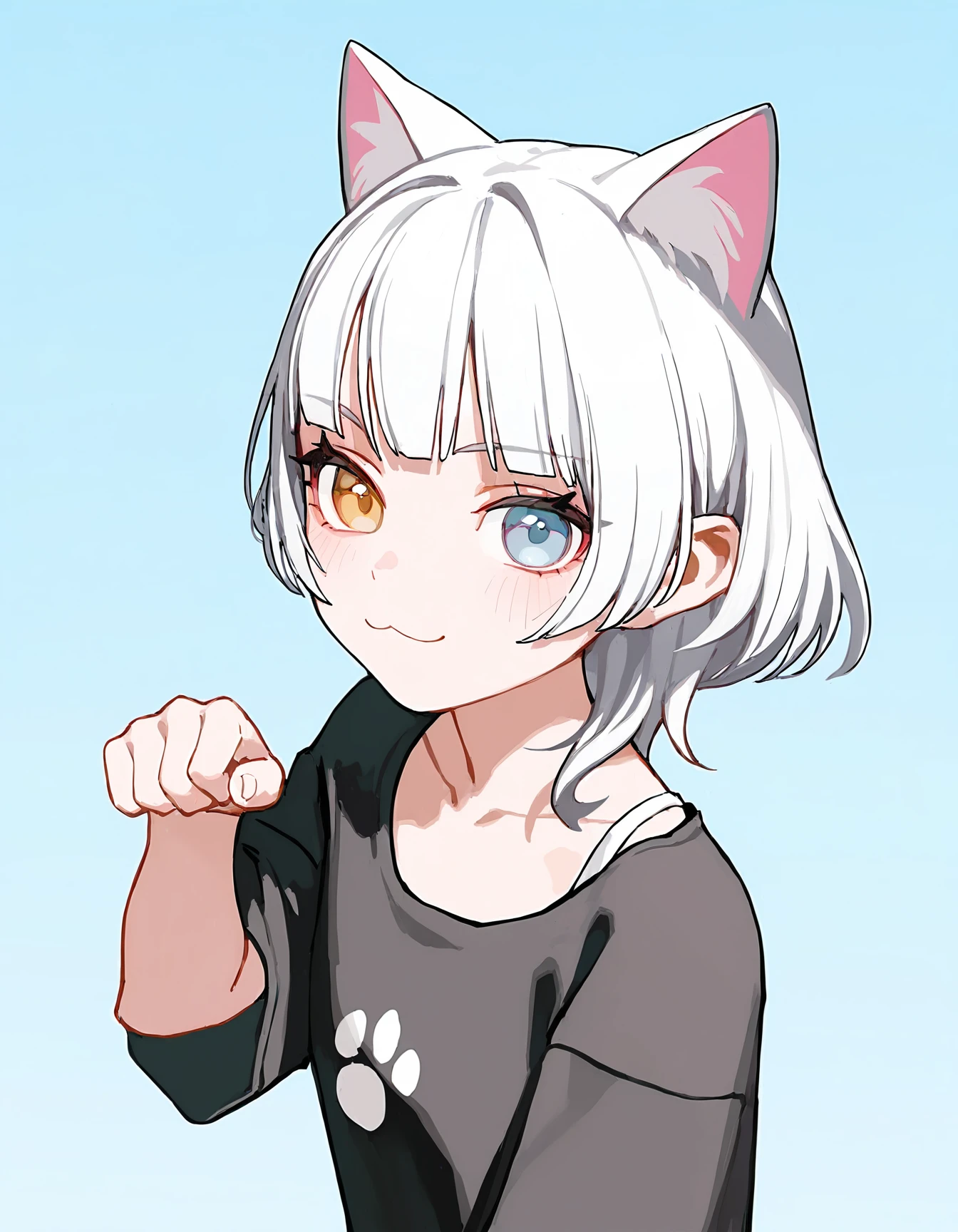 <lora:MyGo_IlluXL:1>, 1girl, solo, kaname raana, heterochromia, white hair, black shirt, paw pose, :3, cat ears, looking at viewer, upper body, gradient background, light blue background, paw print,, best quality,masterpiece,highres,[[tianliang_duohe_fangdongye,ningen_mame,ciloranko]], (fkey:0.6), (sushineko8:0.3),