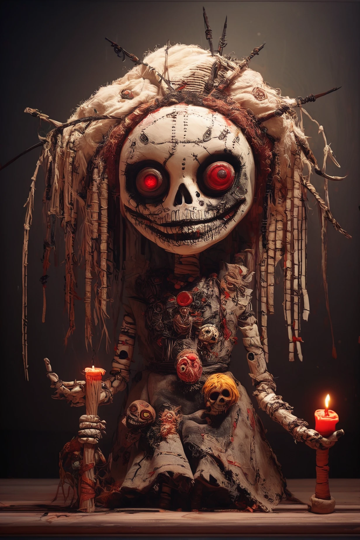 score_9, score_8_up, score_7_up, score_6_up, Doll Whisper, ragged doll, stitched smile, rusty pins, wrapped in black thread, glowing red eyes, surrounded by ritual objects, candle wax dripping, skulls nearby, twisted branches, voodoo altar