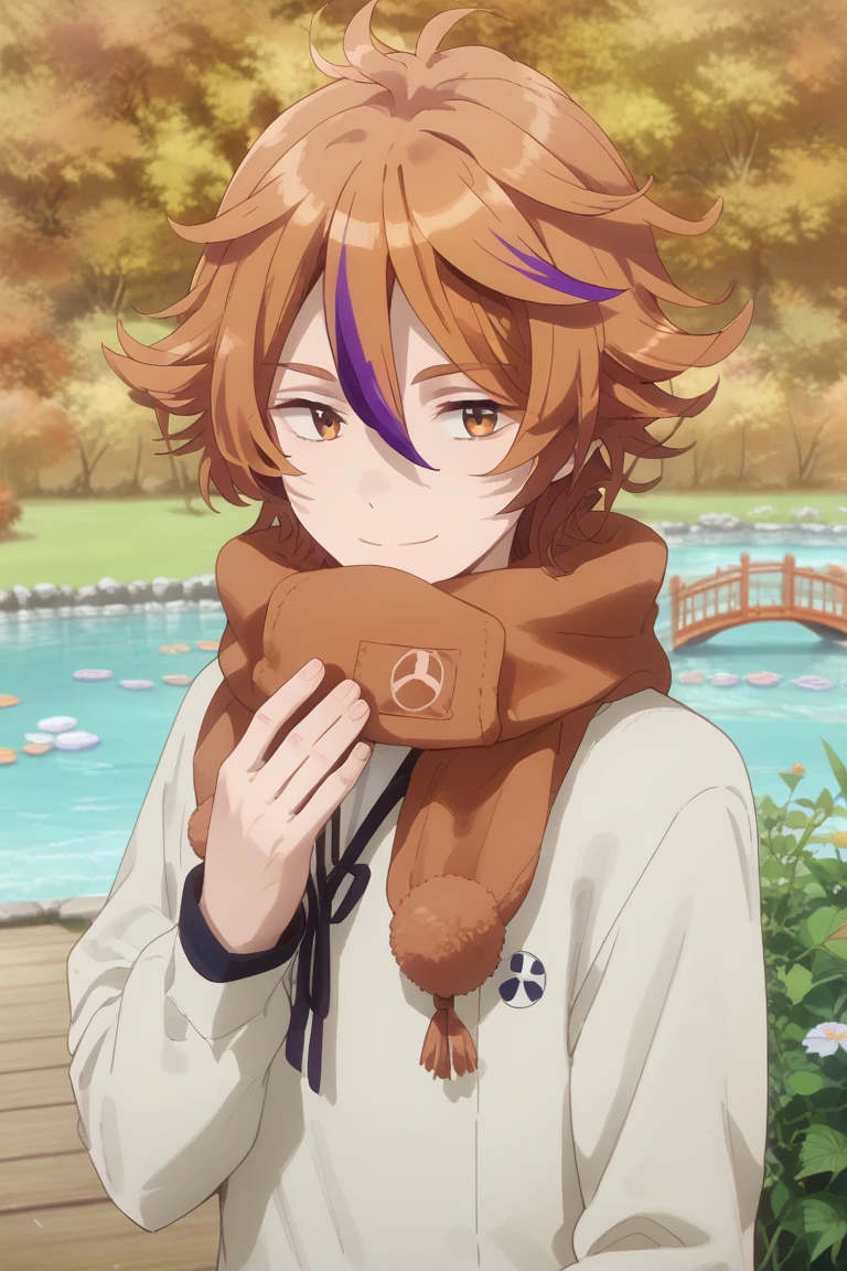 score_9, score_8_up, score_7_up, score_6_up, gotou toushirou, orange hair, orange eyes, hanamaru style, 1boy, male focus, bridge, scarf, solo, smile, pond, multicolored hair, streaked hair, river, tree, water, beige shirt