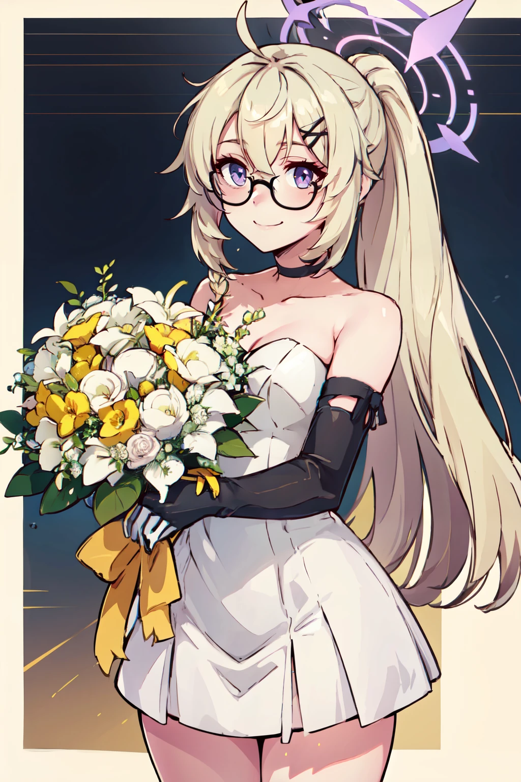 ((masterpiece,best quality)), absurdres,  BREAK, , <lora:Kotama_BlueArchive_Citron:0.8>, , zzKotama, under-rim eyewear, long hair, halo, hair ornament, purple eyes, hairclip, blonde hair, purple halo, hair between eyes, x hair ornament, ponytail, BREAK, bride, wedding dress, bridal veil, strapless dress, elbow gloves, holding bouquet,, BREAK, solo, smile, looking at viewer, cowboy shot,