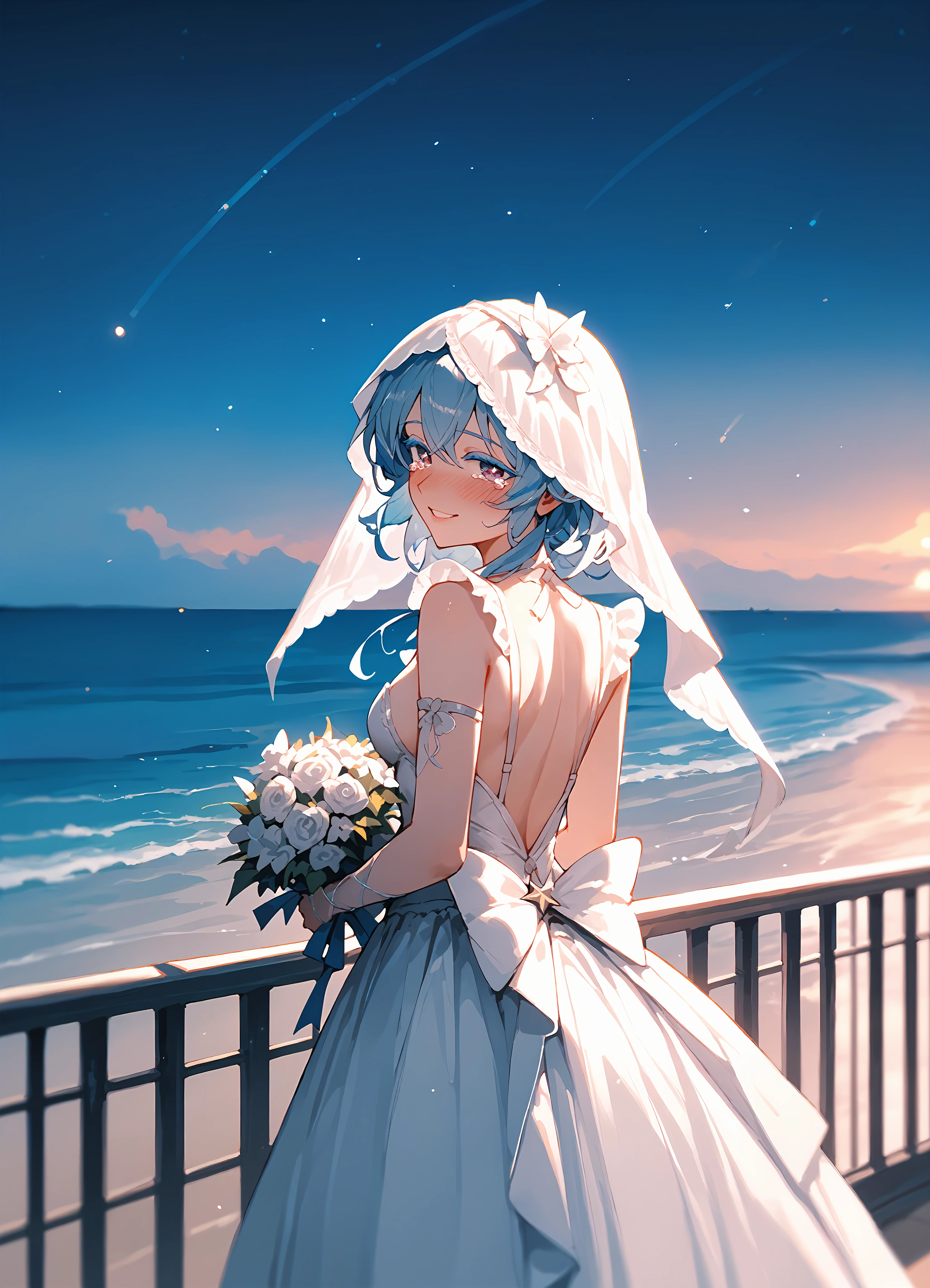 (score_9, score_8_up, score_7_up), 1girl, shorekeeper, colored eyelashes, veil, wedding dress, holding bouquet, night sky, railing, star \(sky\), shore, ocean, smile, blush, depth of field, tears, looking back, backlighting, <lora:shorekeeper-wwPO-v1cr:0.9>