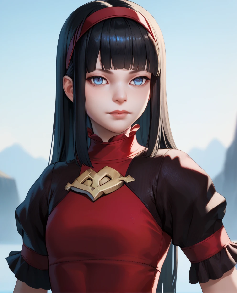 score_9,score_8_up,
n2rdgxl,blue eyes,black hair,blunt bangs,
red dress,puffy sleeves,red hairband,
looking at viewer,
standing,upper body,solo,
dawn,<lora:N2RedGxl:1>,