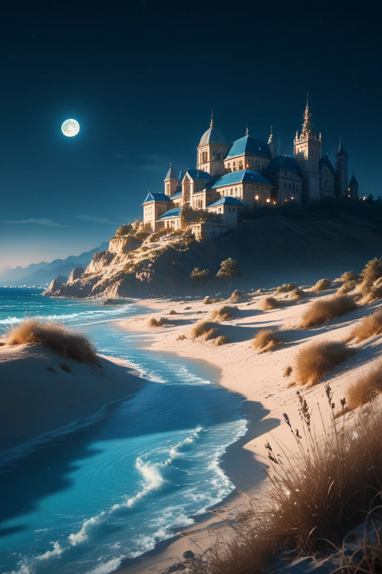 score_9, score_8_up, score_7_up, source_anime, rating_safe, night, dark, natural lighting, sand-structure focus, Dasand, Dasand_architecture, blue sand, water, intricately detailed illustration, atmospheric perspective, depth of field, realistic shading, blue theme