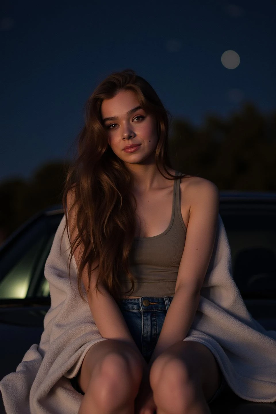 A young woman with long wavy brown hair sitting on the hood of a car, wrapped in a thick blanket, her legs crossed, wearing a tank top and denim shorts. The low-light from the movie screen casts a flickering glow on her skin, while the noise in the image gives it a grainy, nostalgic feel. Her eyes are wide and focused on the camera, the sky behind her filled with blurry stars. Jpeg artifacts distort the edges of the image, making it feel like a lost memory from a summer night, snapchat photo from 2015, grainy, low light