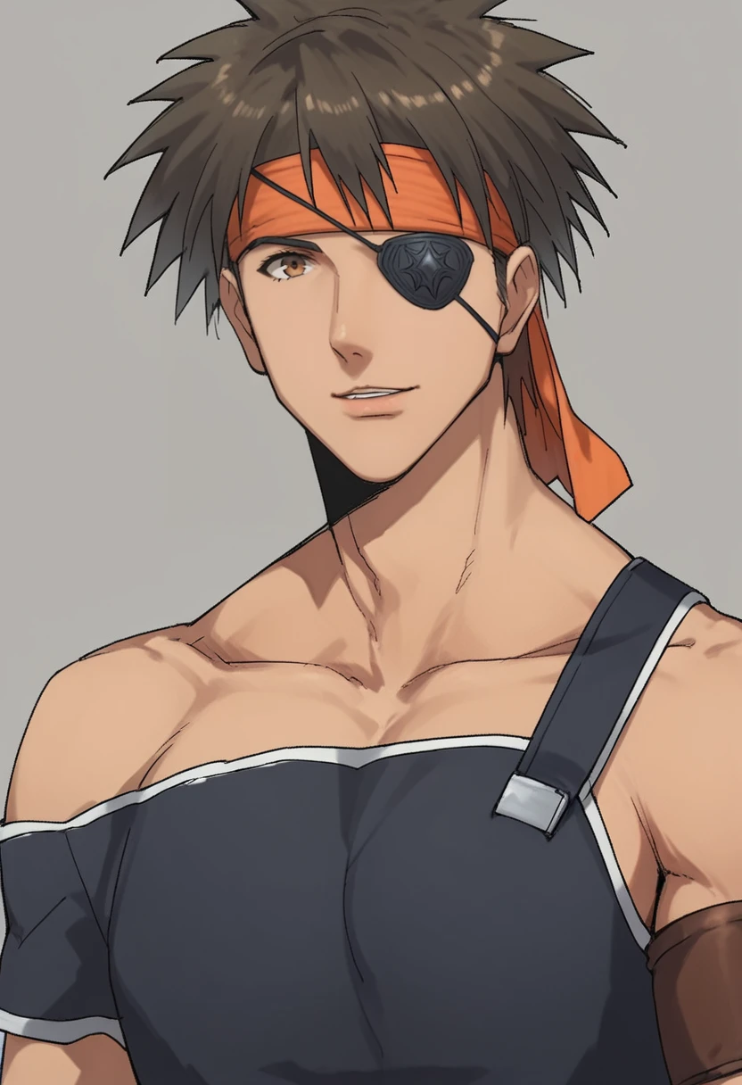 source_anime, score_9, score_8_up, score_7_up, (masterpiece:1.2), (best quality:1.3), front view, looking at viewer, <lora:Irvine_ZOIDS:0.8> irvine_ zoids, 1boy, brown hair, headband, one eyepatch, overalls, gray background, portrait, dynamic pose <lora:Anime Style (Vauxz) PONY:0.8>