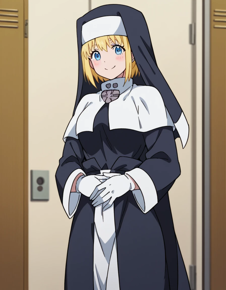 score_9, score_8_up, score_7_up, source_anime, <lora:fireforce-iris-s1s2-ponyxl-lora-nochekaiser:1>, iris, short hair, blonde hair, blue eyes, medium breasts,, gloves, long sleeves, white gloves, robe, nun, habit, school hallway, lockers, between classes, everyday life, smile, hands on stomach, blush,, looking at viewer, solo,, dutch angle, cowboy shot