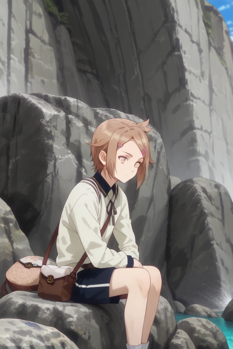 score_9, score_8_up, score_7_up, score_6_up, Houchou toushirou, brown hair, brown eyes, hanamaru style, messenger bag, hair ornament, hairclip, solo, shoulder bag, bag, male focus, 1boy, sitting, shorts, rock, day