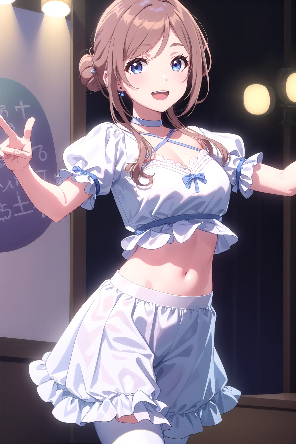 (masterpiece, best quality), highly detailed background, perfect lightingbest quality, himesakirinami, solo, indoors, stage, stage lights, idol clothes 2, light brown hair, single hair bun, swept bangs, sidelocks, long hair, blue eyes, medium breasts, heart earrings, blue choker, lace trim, white shirt, frilled shirt, crop top, criss-cross halter, puffy short sleeves, frilled sleeves, white skirt, long skirt, white shorts, white thighhighs, cross-laced clothes, smile, open mouth, :d, <lora:Himesaki-Rinami:0.7>