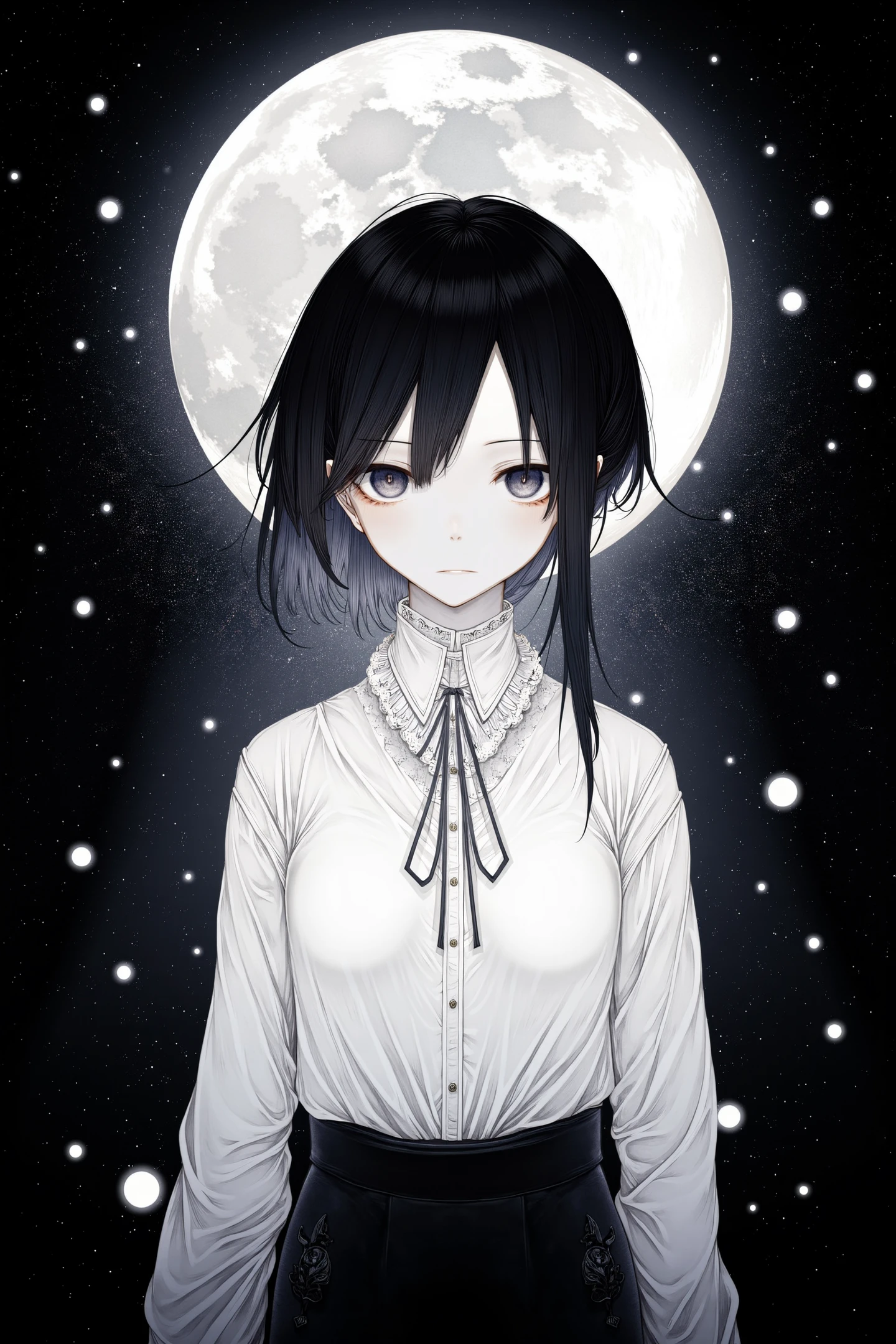 1girl,solo,looking at viewer,black hair,long sleeves,closed mouth,frills,shirt,upper body,short hair with long locks,straight-on,white shirt,moon,expressionless,
The background is dark,and have lots of white polka dot pattern,which contrasts sharply with the character's light-colored clothing,making her the focal point of the image.,
<lora:Hito komoru_FLUX:1>,