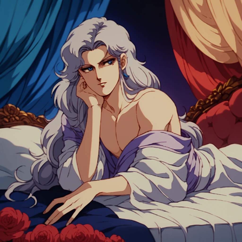 retro anime, solo male, beautiful face, blue eyes, very long silver hair, elegant ensemble in purple, diaphanous drapes, canopy bed, <lora:patallirokiP:0.7>, (score_9, score_8_up, score_7_up)