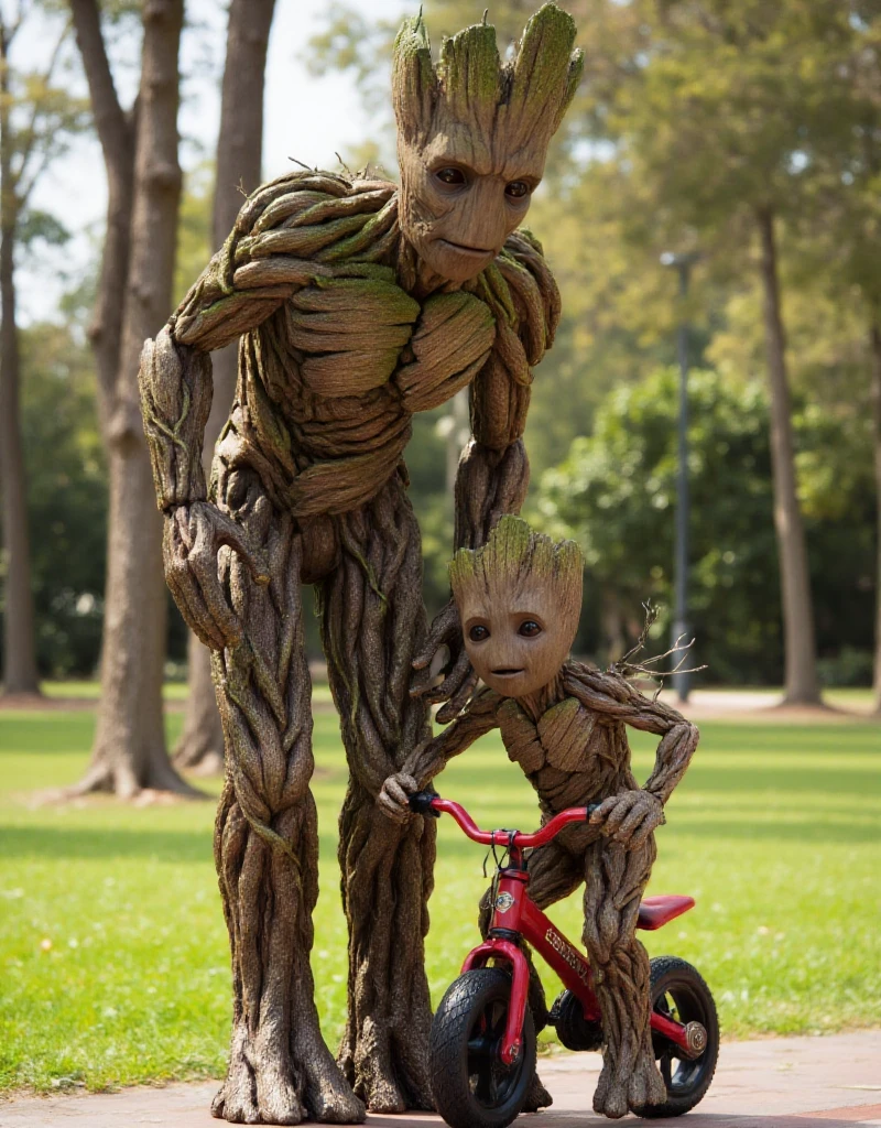 a realistic photo of Adult Groot leaning to baby groot to ride a small children bicycle in a park <lora:Groot:0.9>