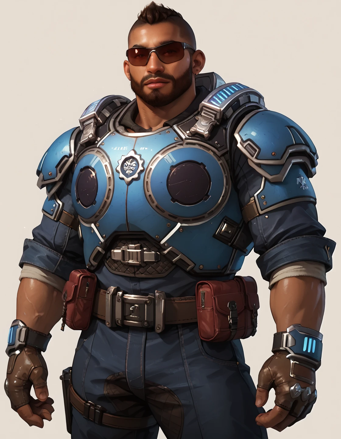 <lora:Fahz_Chutani_Pony_XL:0.95> fahz_chutani, muscular, short hair, sunglasses, armor, long pants, standing, looking at viewer, dark skin, chubby, simple background, beard, bara, animification, score_9, score_8_up, score_7_up, score_6_up,