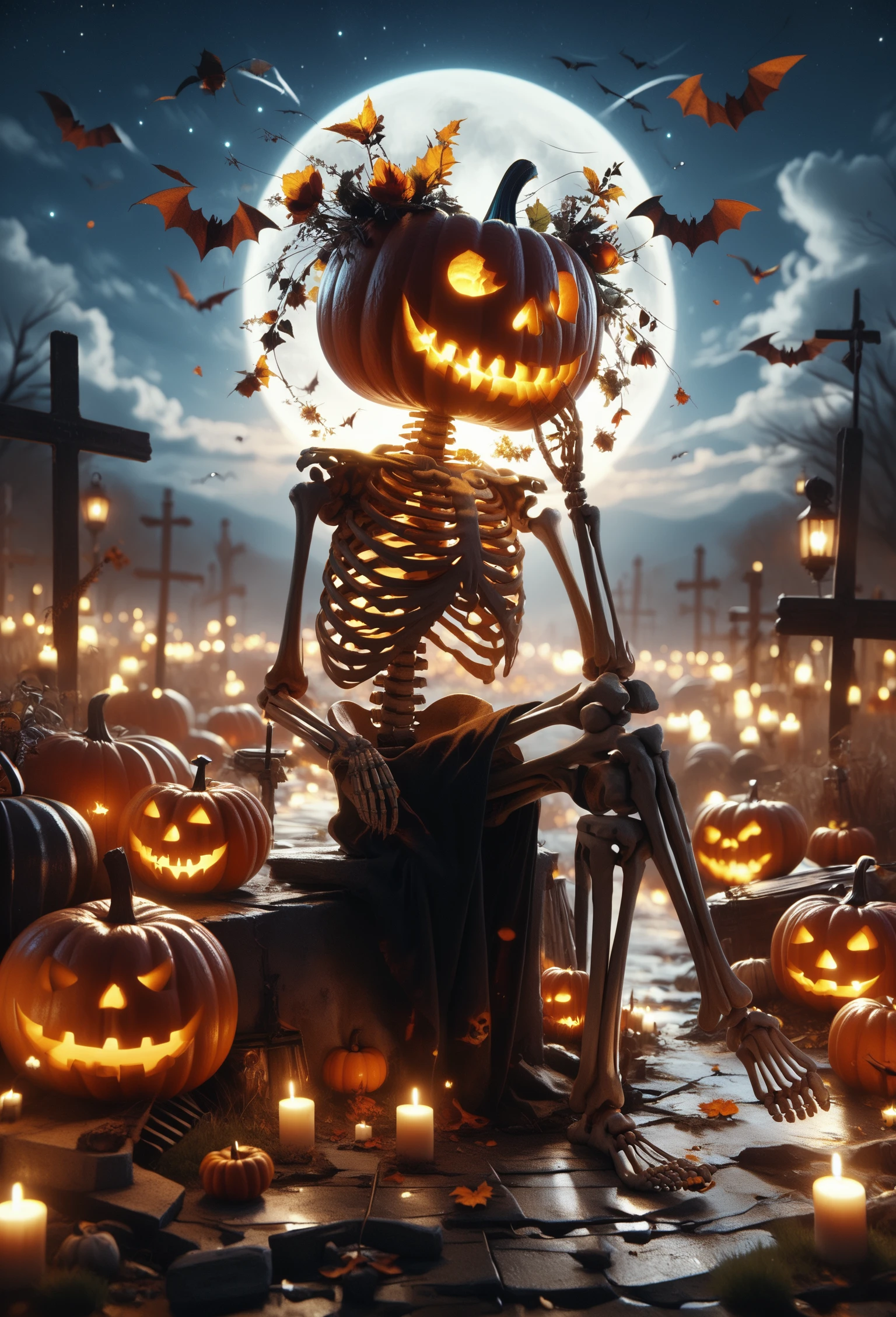 score_9, score_8_up, score_7_up, Skel-o'-lantern, skeleton, jack-o'-lantern, surrounded by many jack-o'-lantern, no humans, sitting in graveyard, crossed_legs, bat flying in the background, night, moon, clouds, starry sky, glowing eyes, glowing mouth,