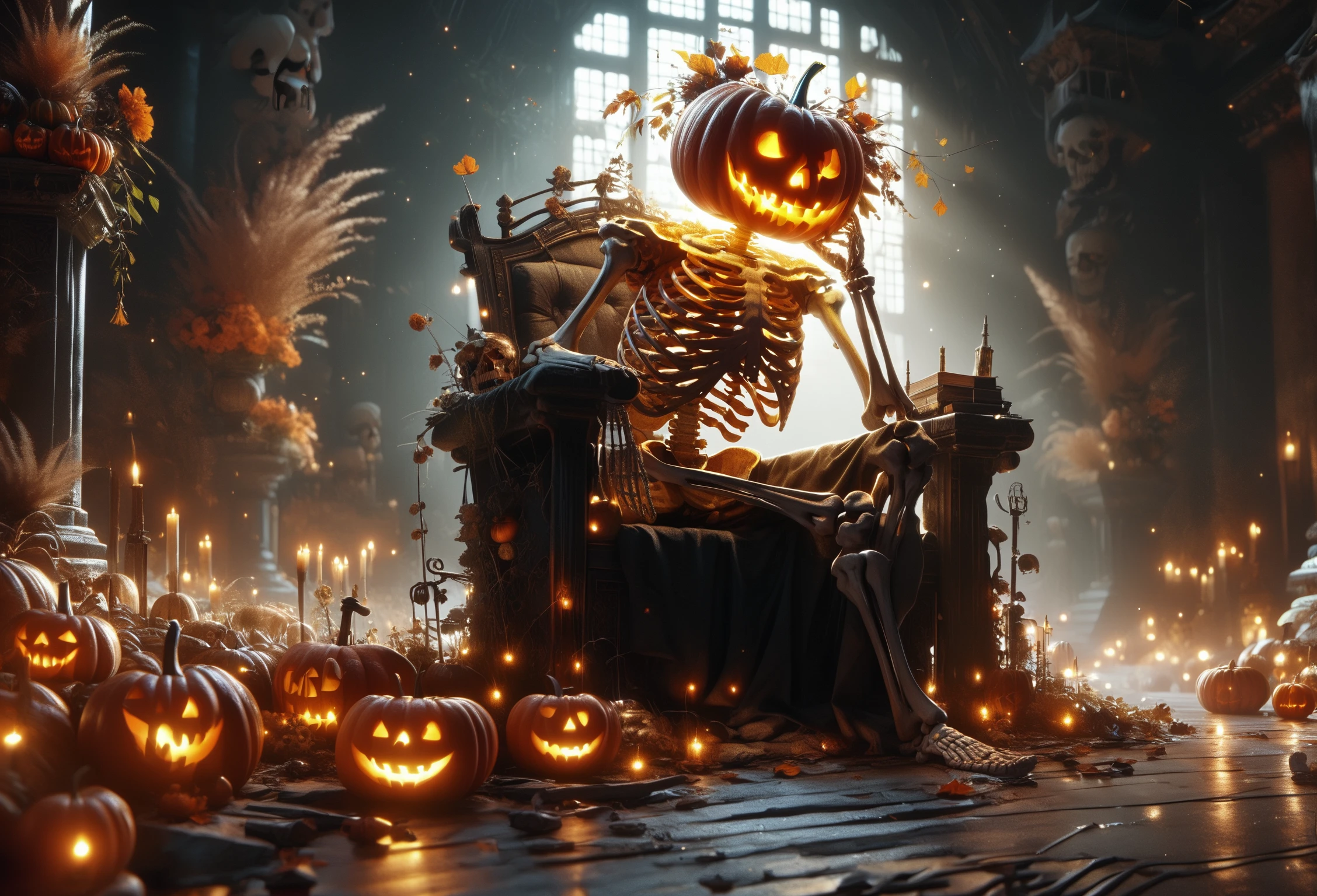 score_9, score_8_up, score_7_up, Skel-o'-lantern, skeleton, jack-o'-lantern, no humans, sitting on throne, crossed_leg, hand_on_own_chin, indoors, east_asian_architecture, dappled_sunlight, glowing eyes, glowing mouth,